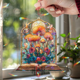 Mushroom Book Acrylic Suncatcher, Fantasy Window Decor, Stained Glass Style Art with Butterflies, Cottagecore Gift for Book Lovers